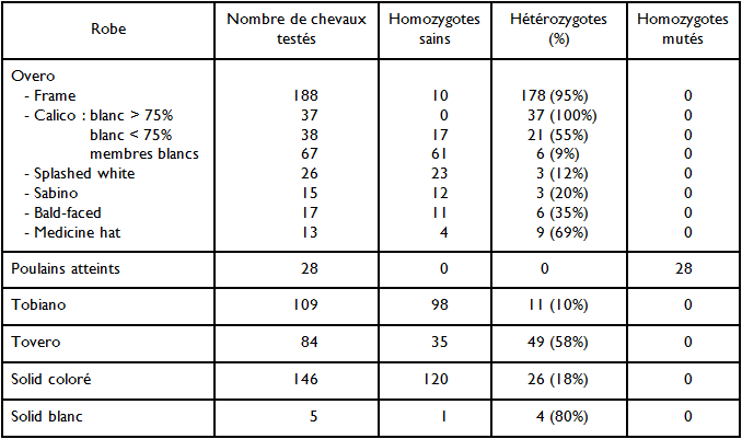 Répartition de la mutation en fonction de la robe chez les chevaux Paint Horse