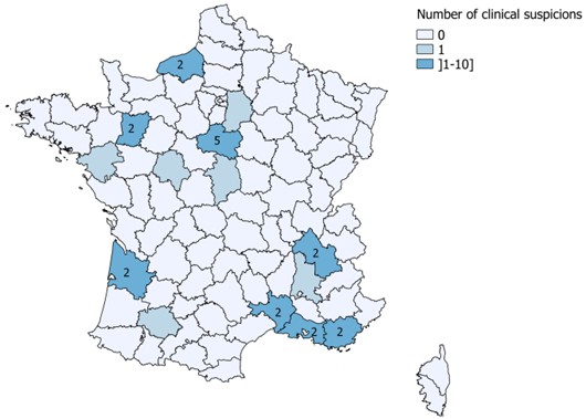 Nombre de chevaux suspects de méningo-encéphalite déclarés au RESPE. Le nombre de suspicions cliniques par département est noté quand il est supérieur à 1.
