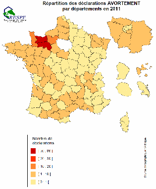 Répartition des déclarations avortement par départements 2011 - RESPE 
