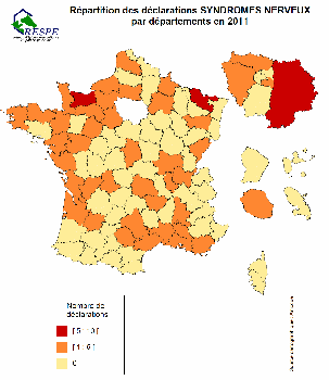 Répartition des foyers et déclarations syndromes nerveux par départements 2011 - RESPE 
