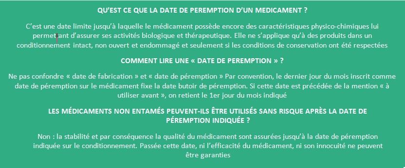 Qu'est ce que la date de péremption d'un médicament ? C’est une date limite jusqu’à laquelle le médicament possède encore des caractéristiques physico-chimiques lui permettant d’assurer ses activités biologique et thérapeutique. Elle ne s’applique qu’à des produits dans un conditionnement intact, non ouvert et endommagé et seulement si les conditions de conservation ont été respectées. Comment lire une "date de péremption" ? Ne pas confondre « date de fabrication » et « date de péremption » Par convention, le dernier jour du mois inscrit comme date de péremption sur le médicament fixe la date butoir de péremption. Si cette date est précédée de la mention « à utiliser avant », on retient le 1er jour du mois indiqué. Les médicaments non entamés peuvent-il être utilisés sans risque après la date de péremption indiquée ? Non : la stabilité et par conséquence la qualité du médicament sont assurées jusqu’à la date de péremption indiquée sur le conditionnement. Passée cette date, ni l’efficacité du médicament, ni son innocuité ne peuvent être garanties.