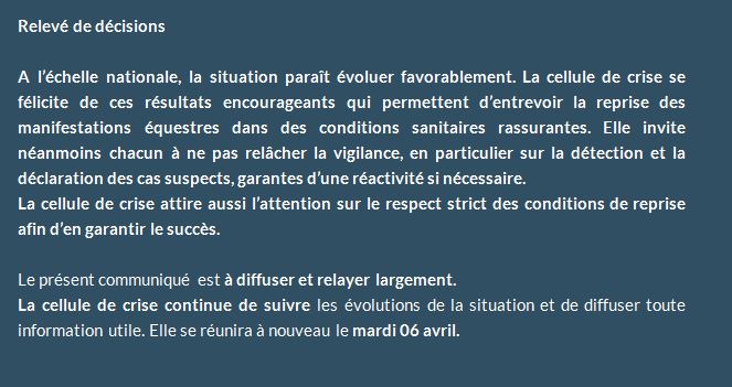 La cellule de crise du RESPE s’est réunie pour la quatrième fois le 29 mars dans le cadre des foyers d’herpèsvirose de type 1 (HVE1 – rhinopneumonie) confirmés en Espagne et dans plusieurs départements en France en lien épidémiologique avec les foyers espagnols. Cette réunion a réalisé un bilan de la situation en France et en Europe et mené les premiers échanges sur les conditions de reprise des rassemblements internationaux et nationaux. 